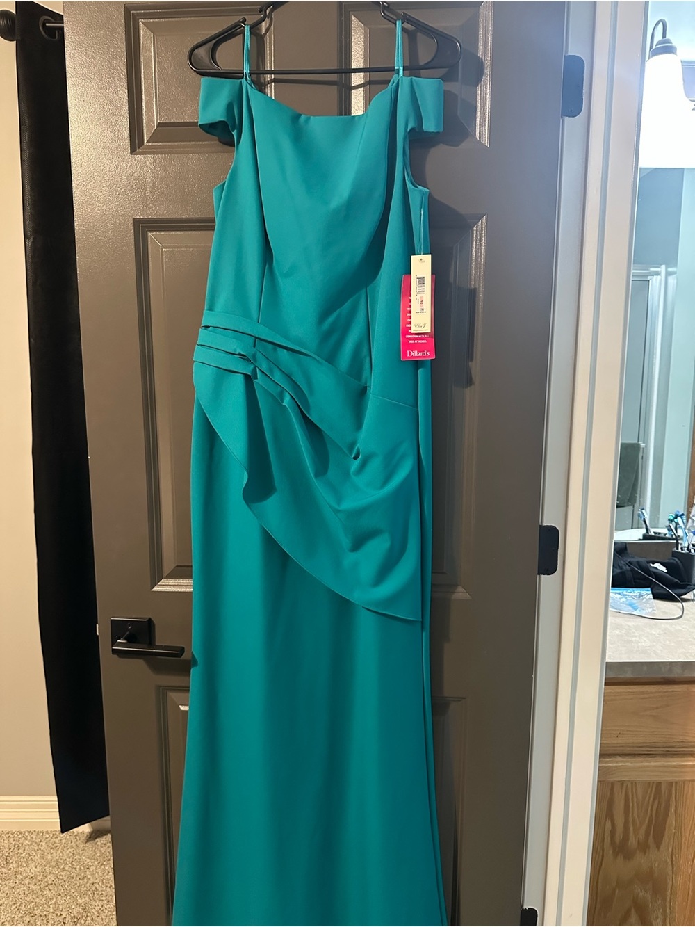 Eliza J Teal Off-Shoulder Evening Gown